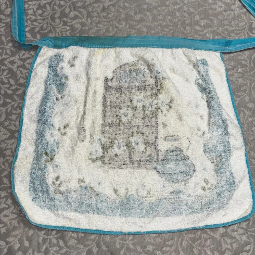 Vintage 1970s Handmade Terry Cloth Half Apron Blue Floral Spice Cabinet Kitchen‎